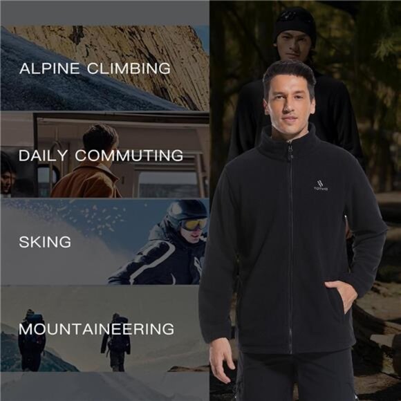 Men's Lightweight Fleece Jacket Full Zip Classic Polar Fleece Inner Lining Black - Picture 5 of 7